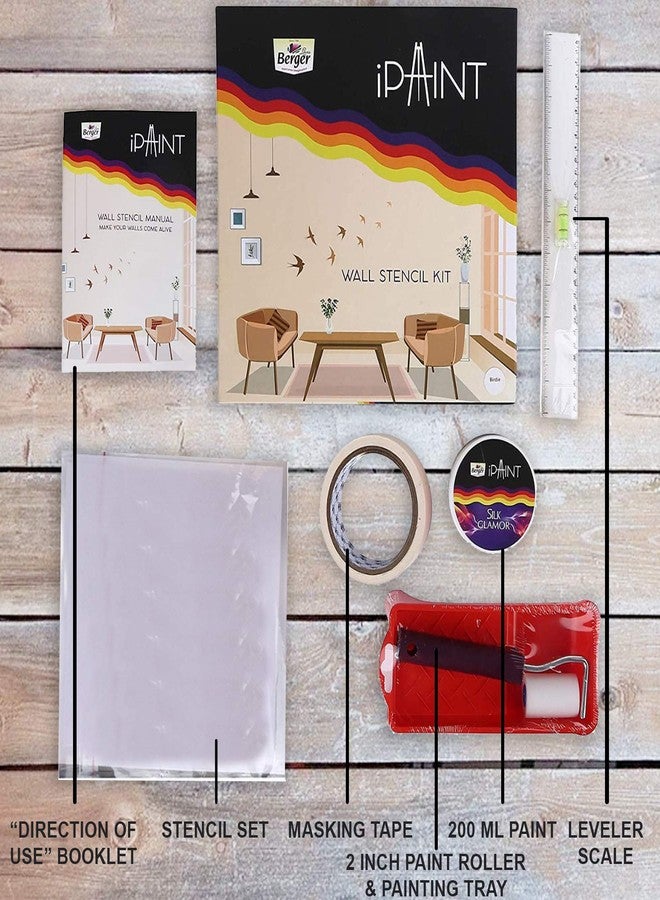 Berger iPaint DIY Wall Stencil Painting Kit | Flora Design | Multicolor | 2" Foam Roller, Tray, 200ml Silk Glamor Paint (Tight Embrace), Stencil Set, Tape, Leveller Scale & DOU Booklet - Image 2