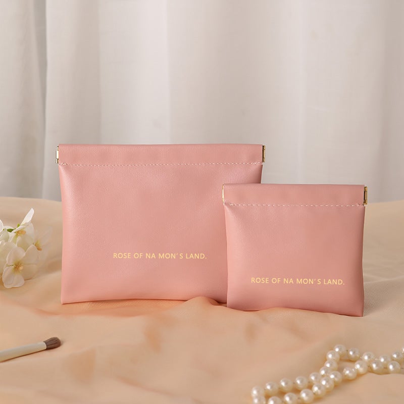 Auto-Close Earbud Case PU Coin Pouch Mini Portable Lipstick Makeup Bag Sakura Powder 