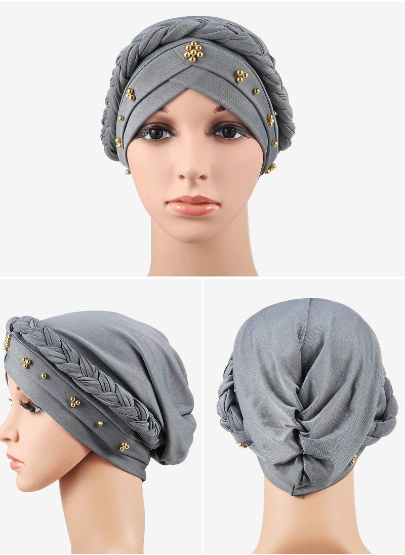 Y&D Women Turban Cap Beaded Headscarf Beanie Twisted Braid Wrap Hat Faux Pearl Headwrap, 4 Pieces  - Image 5