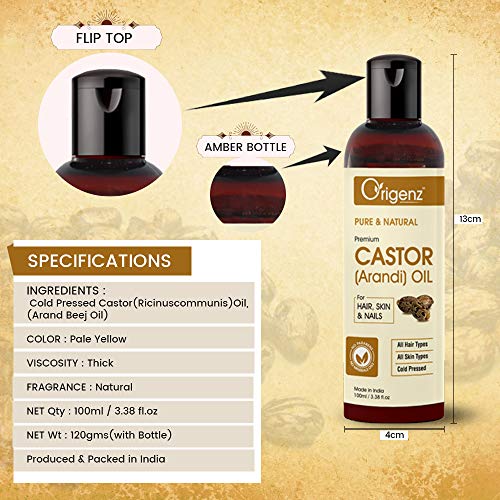 Origenz Natural Castor Oil 200 ml for Hair Care, Moisturized Skin, Face, Eyebrow, Nails, Eyelashes, Belly Button | Cold Pressed Arandi Ka Tel | In Bottle 6.76 oz (100ml X 2) - Image 5