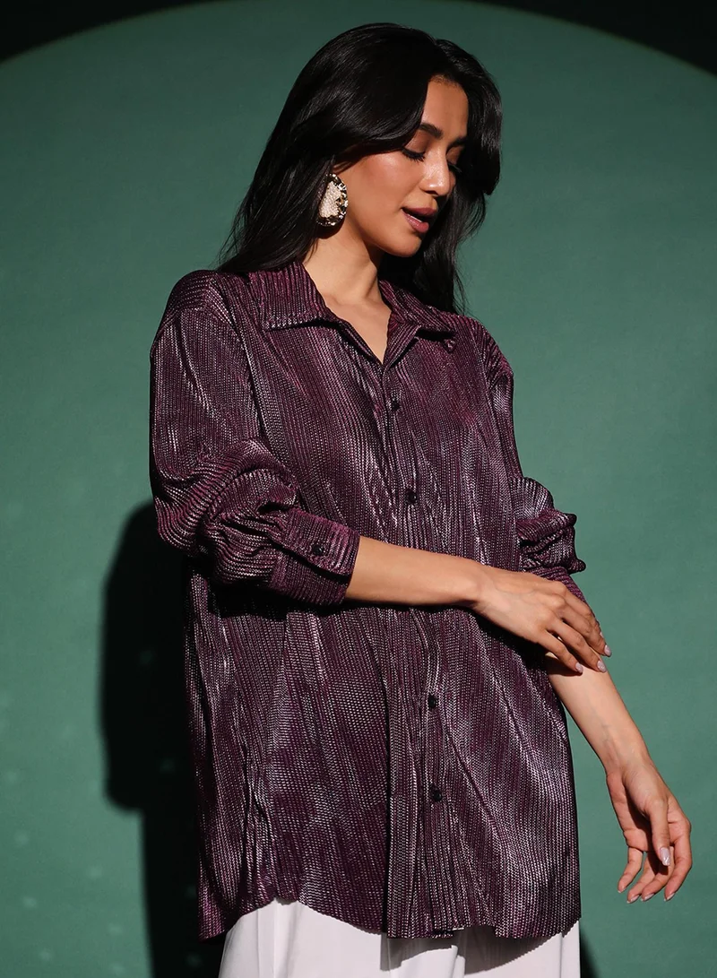 Pinacolada  Women's Plum Purple Metallic Pleated Shirt for Women | Best Price UAE