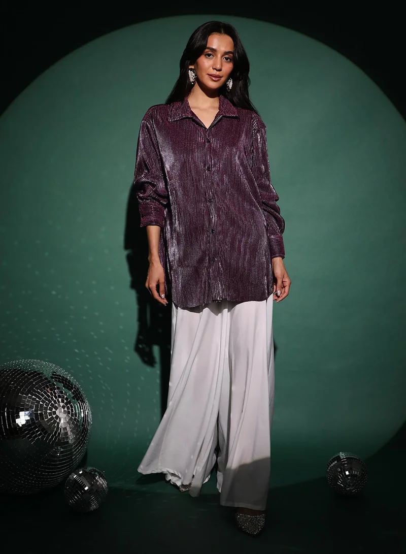 Pinacolada  Women's Plum Purple Metallic Pleated Shirt for Women | Best Price UAE