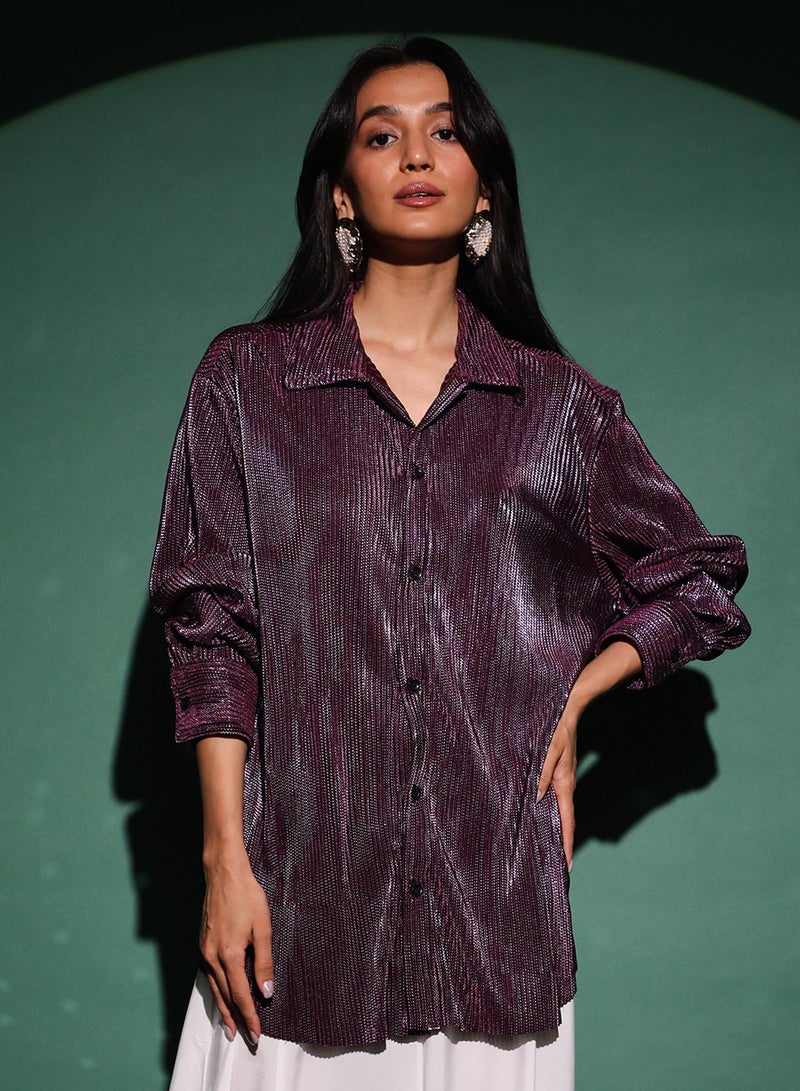 PINACOLADA Women's Plum Purple Metallic Pleated Shirt - Image 1