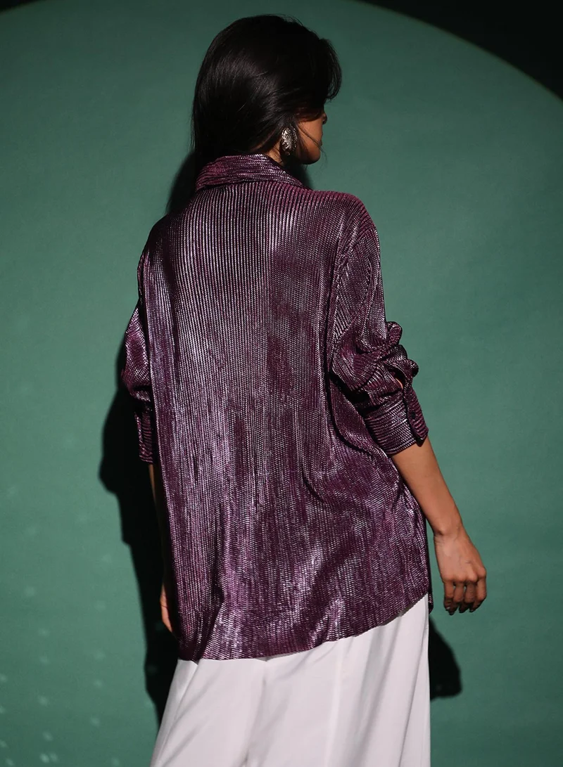 Pinacolada  Women's Plum Purple Metallic Pleated Shirt for Women | Best Price UAE