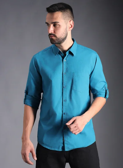 HIGH STAR Regular Fit Solid Shirt for Men - Blue Cotton