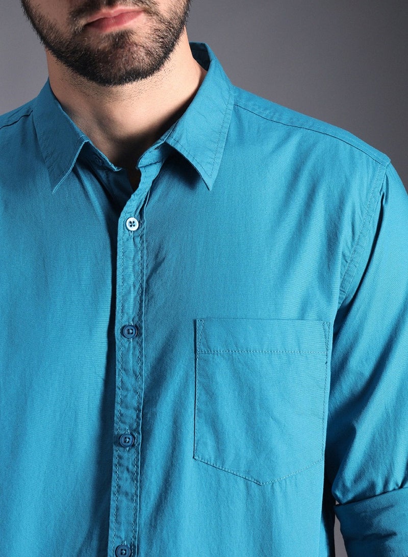 HIGH STAR Regular Fit Solid Shirt for Men - Blue Cotton - Image 5