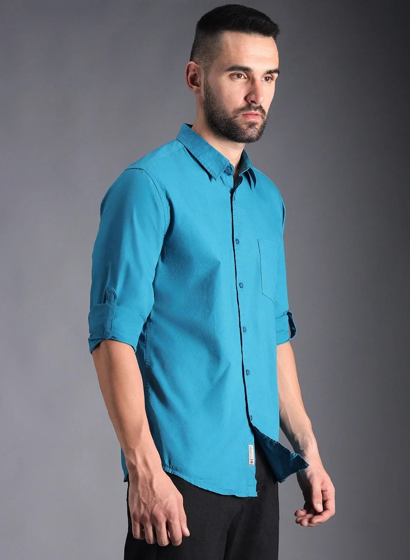 هاي ستار قميص رجالي بقصة عادية بلون أزرق قطن