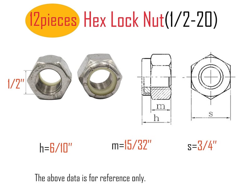LBY 12pcs Lock Nuts, 1/2-20 Nylon Insert Hex Lock Nuts, 304 Stainless Steel (Silver) - Image 2
