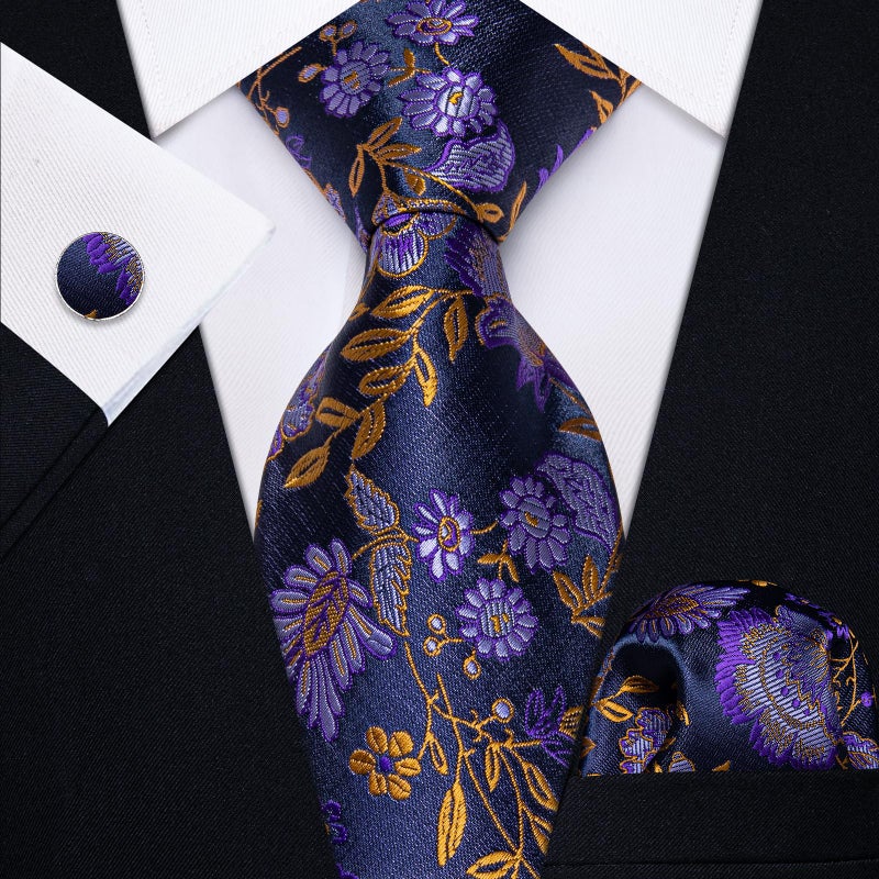 YourTies Purple Tie for Men Floral Silk Mardi Gras Neckties Pocket Square Lapel Pin Tie Clip Set Wedding Party Prom - Image 5