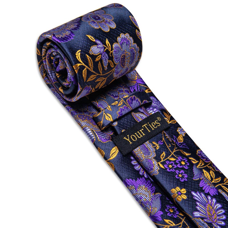 YourTies Purple Tie for Men Floral Silk Mardi Gras Neckties Pocket Square Lapel Pin Tie Clip Set Wedding Party Prom - Image 3