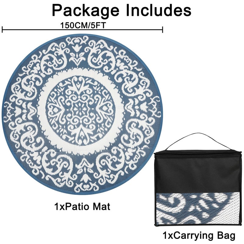 Homcomoda Reversible Outdoor Rugs for Patio 5â€™ Round Plastic Straw Patio Rugs Non Fading Lightweight RV Camping Mat Waterproof Area Rug Floor Carpet for Deck Picnic Backyard Beach BBQ Living Room - Image 2