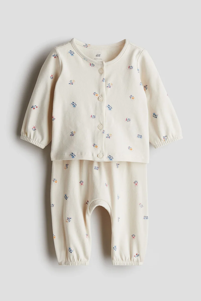 اتش اند ام طقم قطني مزين بطبعة - عبوة من قطعتين