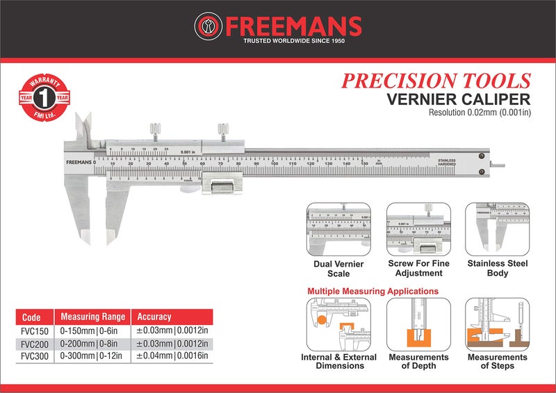 FREEMANS FVC300 Vernier Caliper with hardened stainless steel body (0-300mm) - Image 2