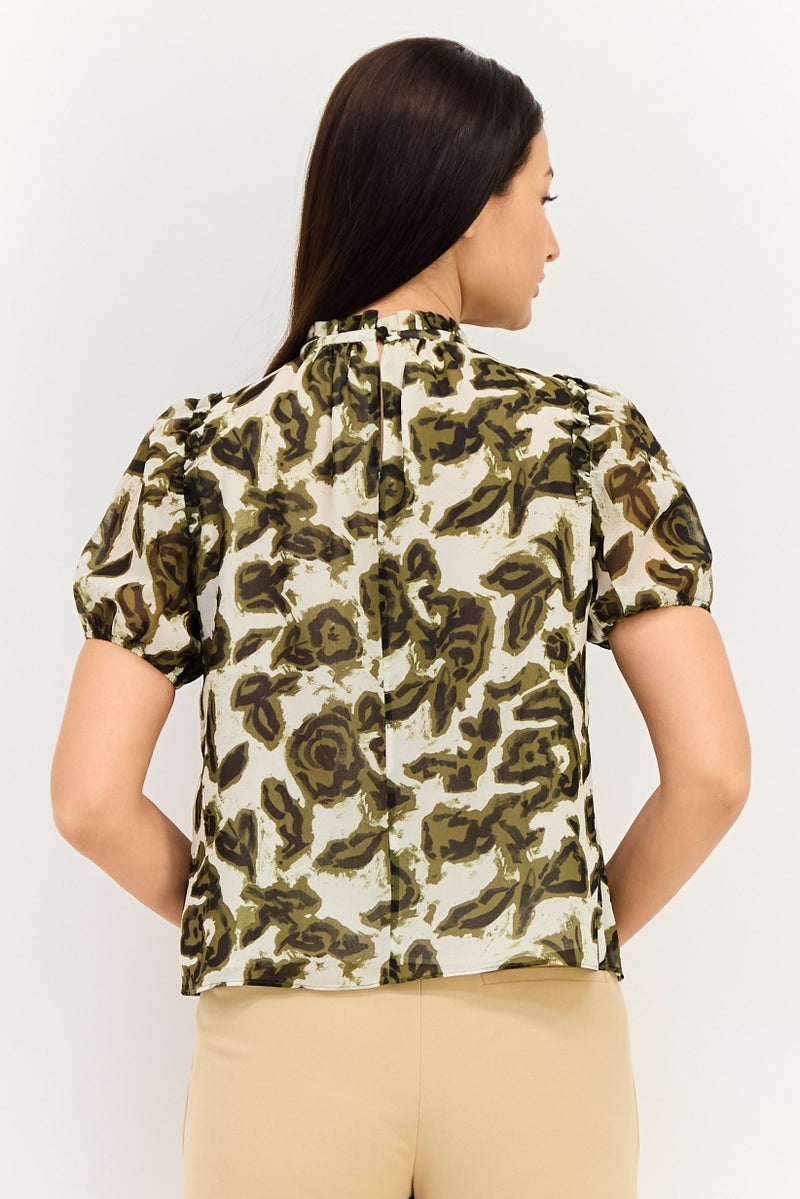 SELECTED Women Ruffle Collar Short Sleeve Floral Print Top, Multicolor - Image 3