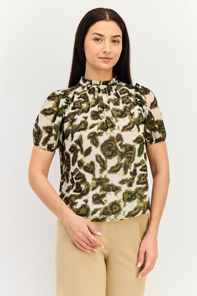 SELECTED Women Ruffle Collar Short Sleeve Floral Print Top, Multicolor - Image 1