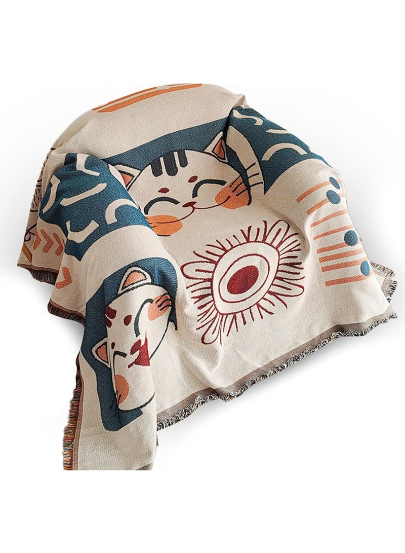 SYOSI بطانية قطنية منسوجة مع خيوط، بطانية زخرفية مزدوجة الجوانب للكنبة والسرير والكرسي والط camping، غطاء خفيف الوزن متعدد الاستخدامات يمكن استخدامه كغطاء طاولة أو سجادة 90x90 سم - Image 1