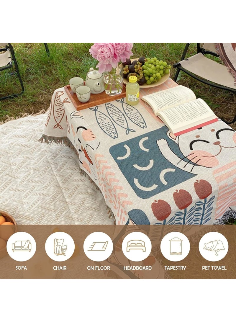 SYOSI بطانية قطنية منسوجة مع خيوط، بطانية زخرفية مزدوجة الجوانب للكنبة والسرير والكرسي والط camping، غطاء خفيف الوزن متعدد الاستخدامات يمكن استخدامه كغطاء طاولة أو سجادة 90x90 سم - Image 4