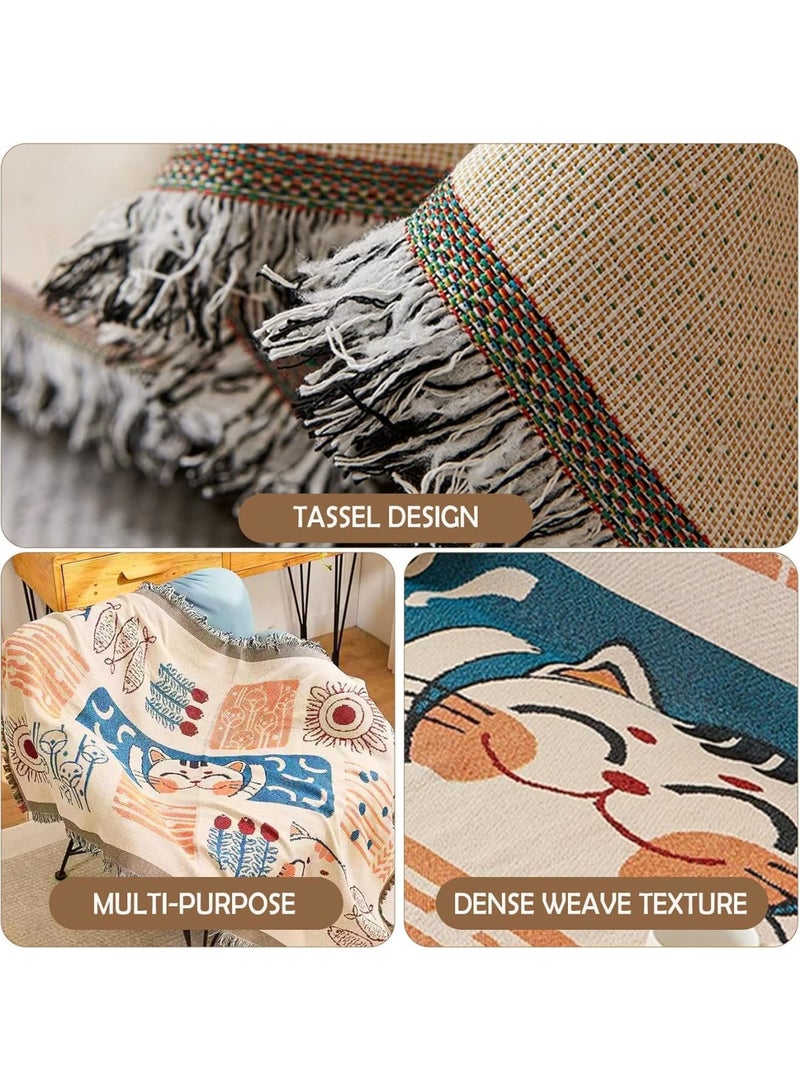 SYOSI بطانية قطنية منسوجة مع خيوط، بطانية زخرفية مزدوجة الجوانب للكنبة والسرير والكرسي والط camping، غطاء خفيف الوزن متعدد الاستخدامات يمكن استخدامه كغطاء طاولة أو سجادة 90x90 سم - Image 3