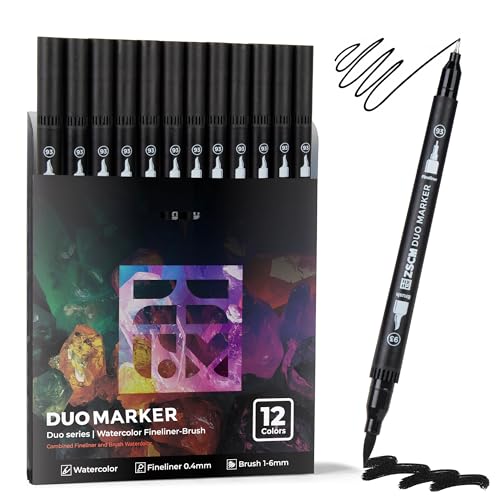 ZSCM Black Duo Tip Marker Pens, 12 Pack Fine & Brush Markers for Adult Coloring Books No Bleeding, Jet Black Markers for Outlining, Sketching, Japanese Manga, Calligraphy and Graphic Novels - Image 1