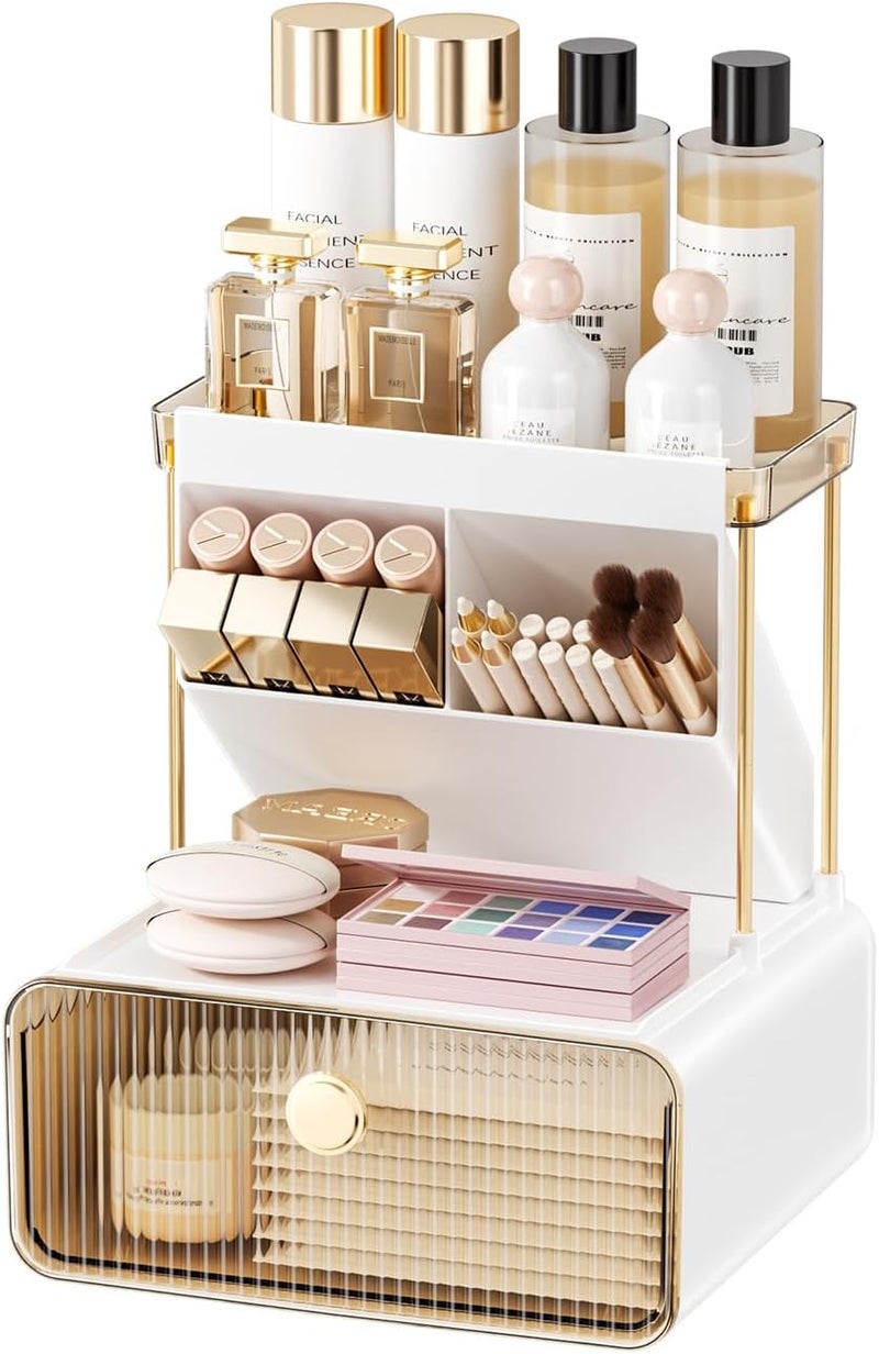 HOTOOLME Makeup Organizer Countertop 2Tier 1Drawer Cosmetics Organiser Skincare Makeup Organiser Shelf Brush Holder Vanity Organiser Amber