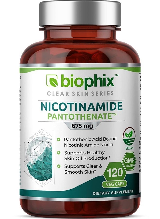 biophix B-3 Nicotinamide Pantothenate 675 mg 120 Vcaps - Clear Skin Series B5 Pantothenic Acid Natural Flush-Free Nicotinic Amide Niacin - Supports Skin Cell Health - Image 1