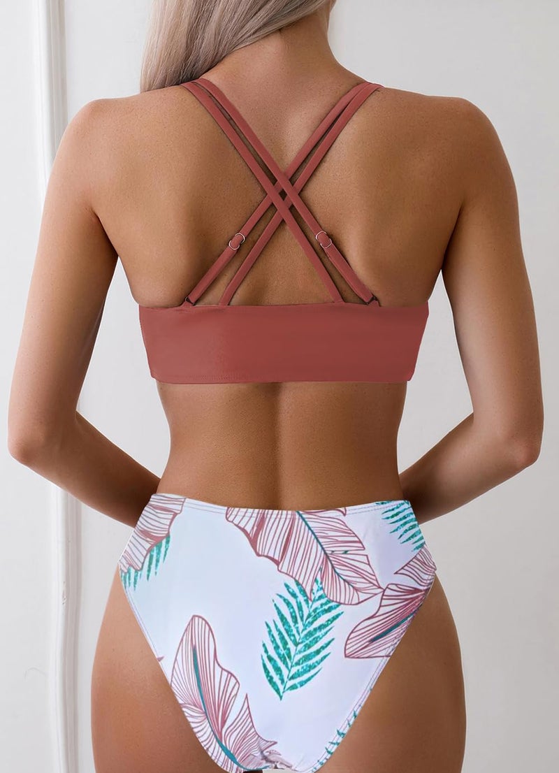 Tainehs Women's Push Up V Neck Bikini Sets Criss Cross Back Two Piece Bathing Suit - Image 2