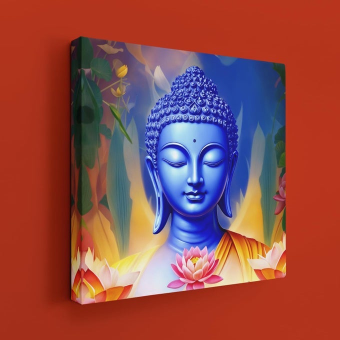 RITWIKAS MEDITATING LORD BUDDHA BLUE ABSTRACT RELIGIOUS GALLERY WRAPPED CANVAS WALL PAINTING PERFECT FOR HOME OFFICE DECOR IN TWO SIZE 16 X 16AND 20 X 20 INCH SET OF 1