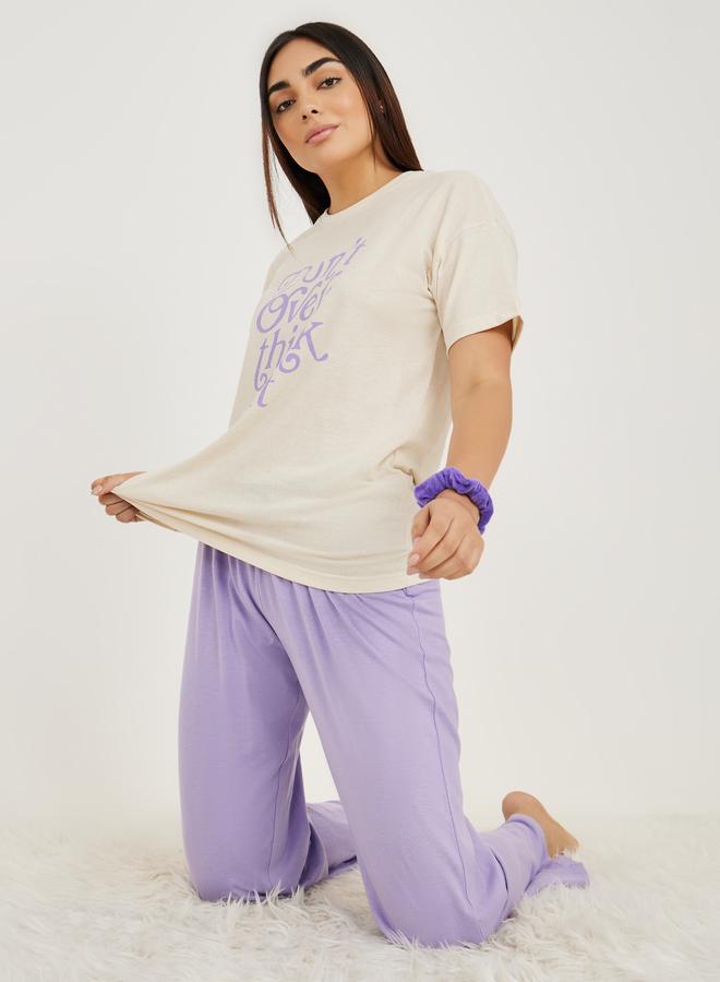 Styli Dont Over Think It Slogan T-Shirt and Solid Pyjama Set - Image 1