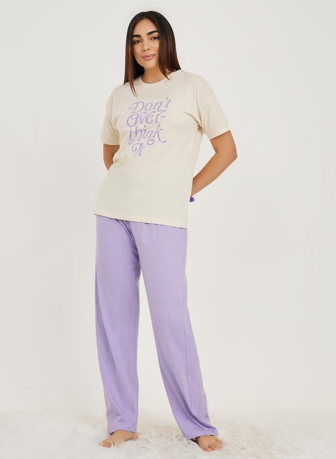 Styli Dont Over Think It Slogan T-Shirt and Solid Pyjama Set - Image 2