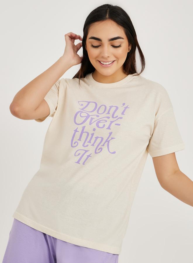 Styli Dont Over Think It Slogan T-Shirt and Solid Pyjama Set - Image 3
