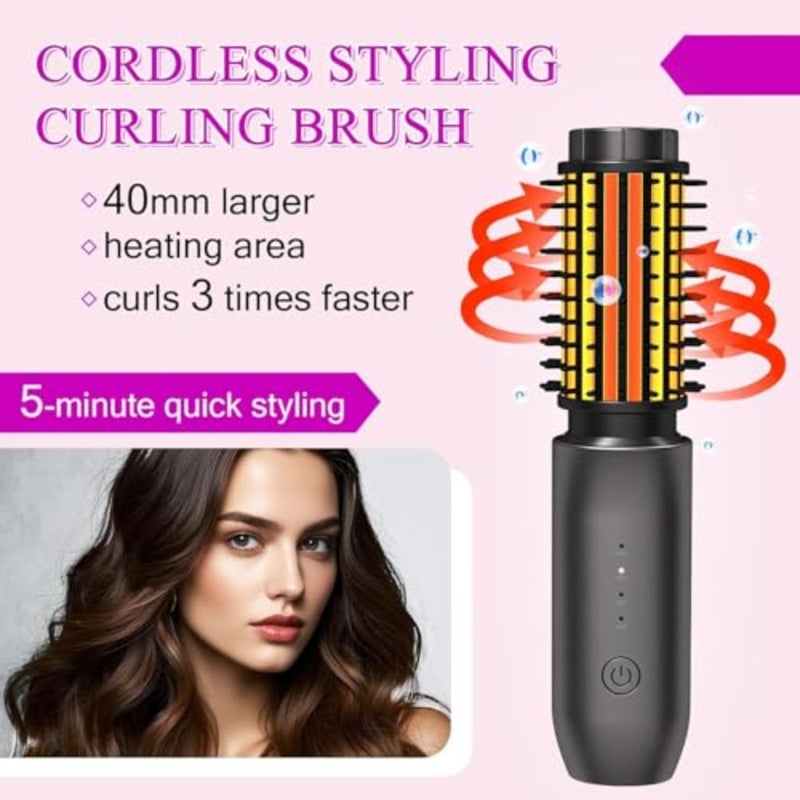 Mini Cordless Curling Iron Brush, Portable Hair Straightening Brush, Cordless Hair Curler Anti-Frizz with Negative Ions, 3-in-1 Crimper Hair Tool, Rechargeable Wave Curling Wand - Night Purple - Image 3