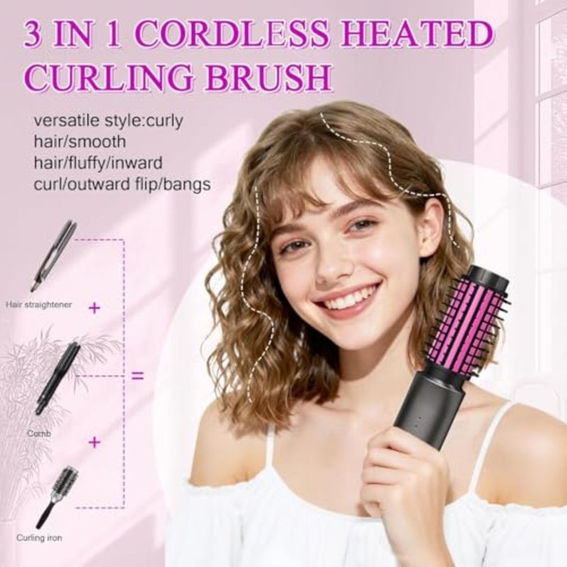 Mini Cordless Curling Iron Brush, Portable Hair Straightening Brush, Cordless Hair Curler Anti-Frizz with Negative Ions, 3-in-1 Crimper Hair Tool, Rechargeable Wave Curling Wand - Night Purple - Image 2