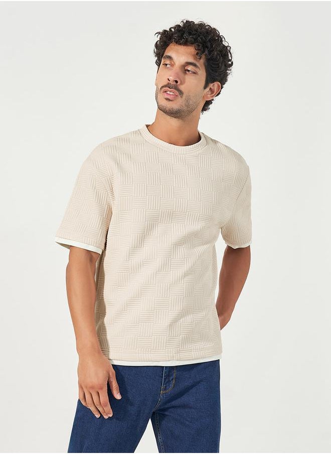 Styli Checkered Quilted Textured Oversized T-Shirt with Contrast Detail  - Image 1