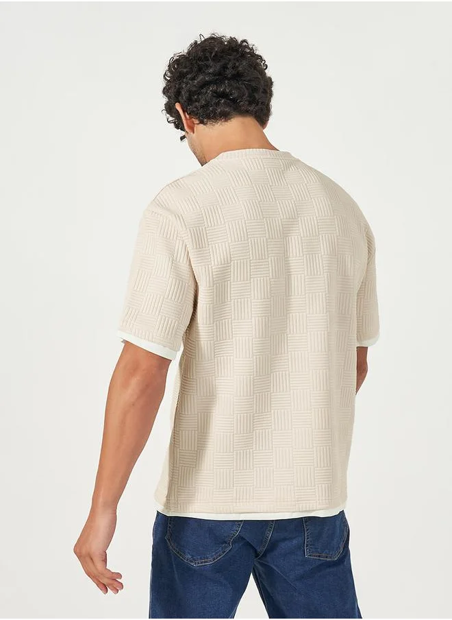 Styli Checkered Quilted Textured Oversized T-Shirt with Contrast Detail