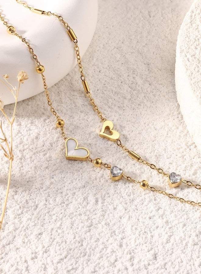 PiercingJ Heart CZ Anklet for Women 18k Gold Plated Double Layered Zirconia Ankle Chain Adjustable White Shell Bracelet Jewelry For Birthday, Christmas, Beach Party - Image 2