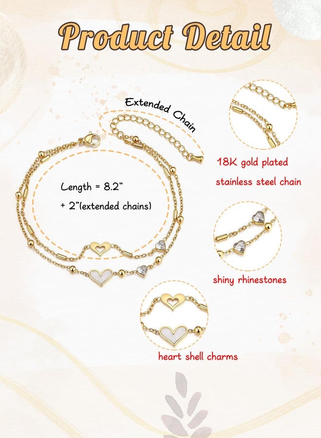 PiercingJ Heart CZ Anklet for Women 18k Gold Plated Double Layered Zirconia Ankle Chain Adjustable White Shell Bracelet Jewelry For Birthday, Christmas, Beach Party - Image 3