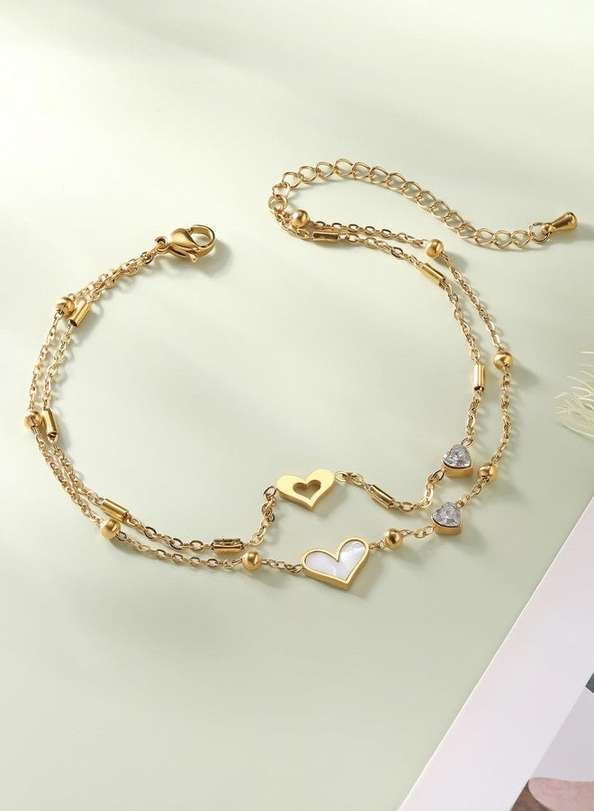 PiercingJ Heart CZ Anklet for Women 18k Gold Plated Double Layered Zirconia Ankle Chain Adjustable White Shell Bracelet Jewelry For Birthday, Christmas, Beach Party - Image 5