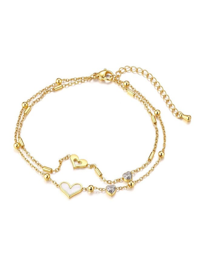 PiercingJ Heart CZ Anklet for Women 18k Gold Plated Double Layered Zirconia Ankle Chain Adjustable White Shell Bracelet Jewelry For Birthday, Christmas, Beach Party - Image 1
