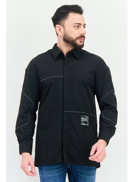 Selected Homme Men Regular Fit Patched Long Sleeves Casual Shirt, Black  - Image 1