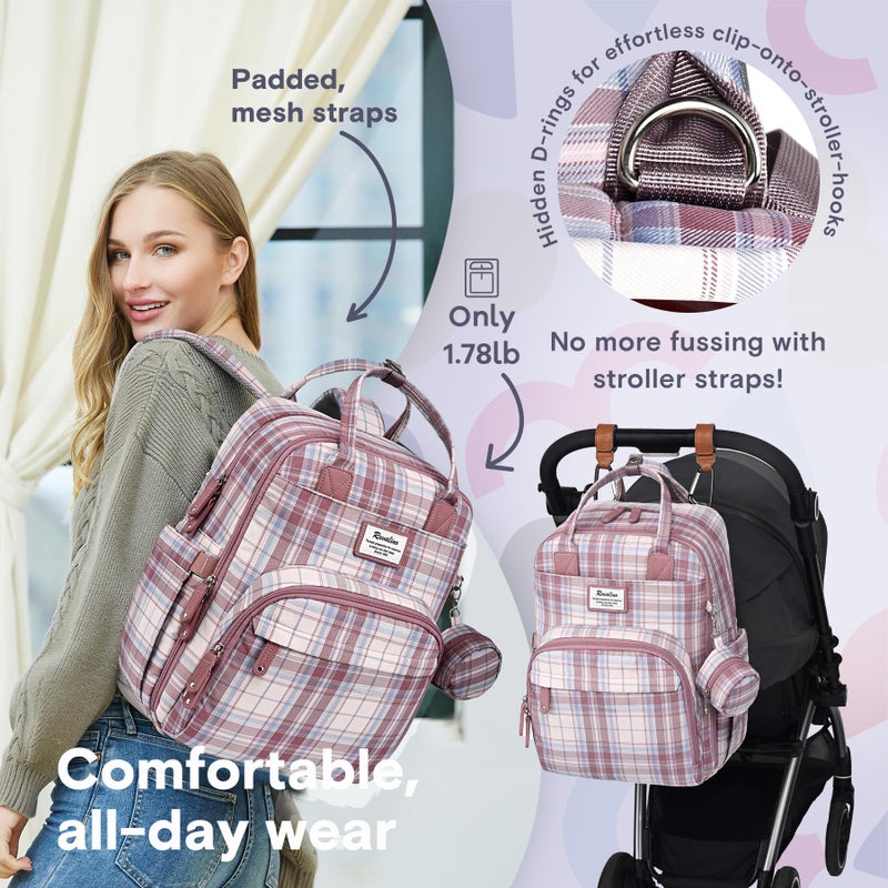 RUVALINO Diaper Bag Backpack, Multifunction Travel Pack Maternity Baby Changing Bags, Large Capacity, Waterproof, Pink Plaid - Image 5