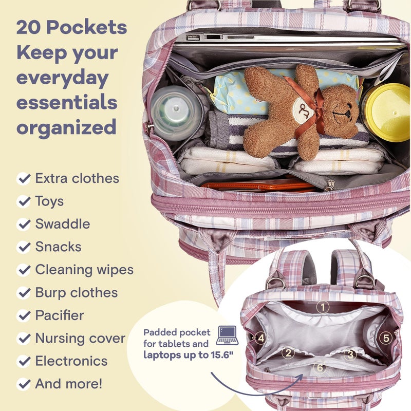 RUVALINO Diaper Bag Backpack, Multifunction Travel Pack Maternity Baby Changing Bags, Large Capacity, Waterproof, Pink Plaid - Image 4