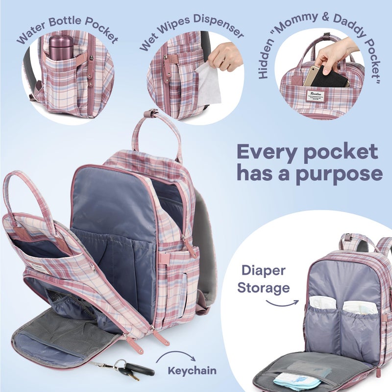 RUVALINO Diaper Bag Backpack, Multifunction Travel Pack Maternity Baby Changing Bags, Large Capacity, Waterproof, Pink Plaid - Image 3