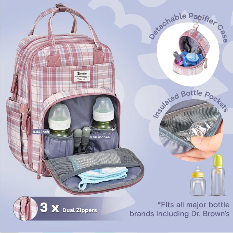 RUVALINO Diaper Bag Backpack, Multifunction Travel Pack Maternity Baby Changing Bags, Large Capacity, Waterproof, Pink Plaid - Image 2