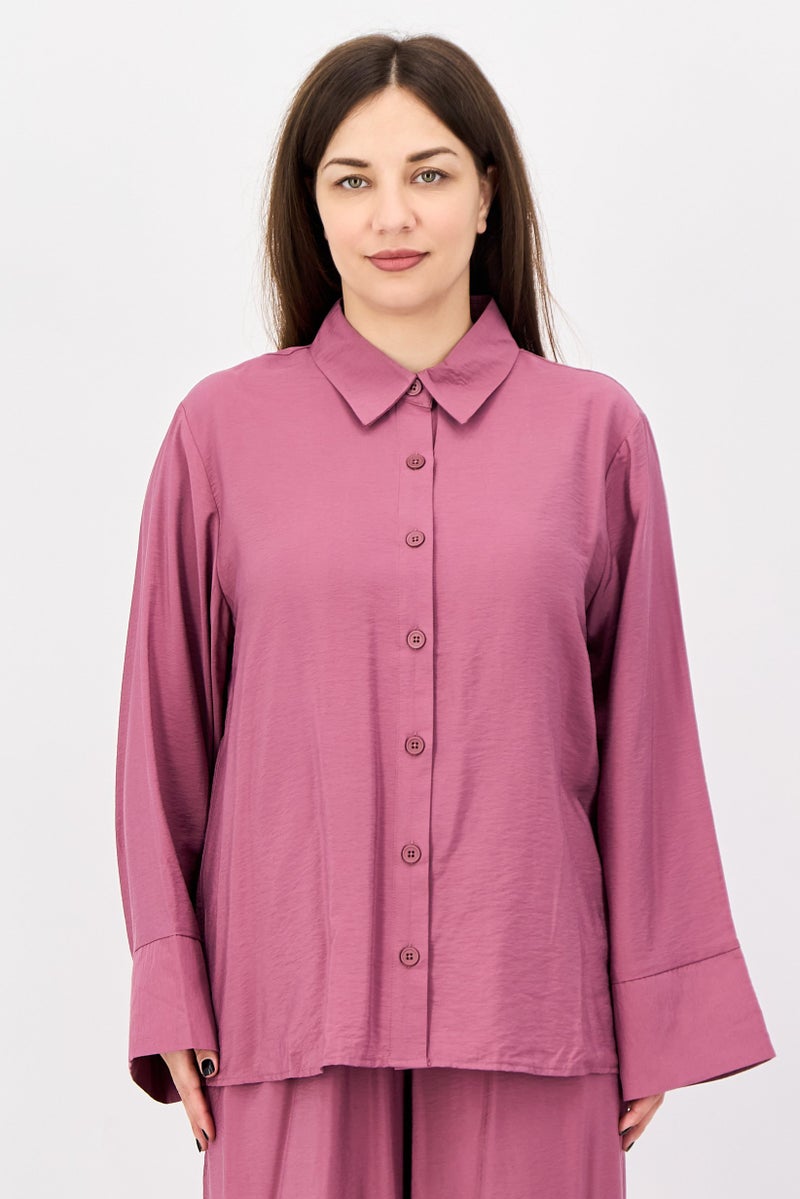 bebe Women 2 Pcs Long Sleeve Shirt And Pants Set, Old Rose - Image 3