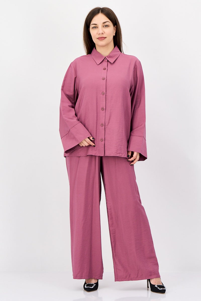 bebe Women 2 Pcs Long Sleeve Shirt And Pants Set, Old Rose - Image 1