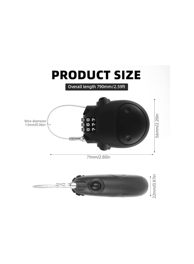 PROMASS PROMASS 1Pack Retractable Adjustable Cable Lock Combination Cable Lock, Travel Lock, with 28" Cable 3 Digit Combination Padlock Luggage Lock, for Suitcase Stroller Bike, Black  - Image 2