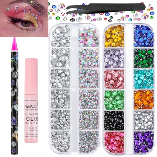 Canvalite Rhinestones for Face Colorful Face Gems Jewels AB & Clear Eye Hair Nail Gems with Quick Dry Makeup Glue, 1 Rhinestones Picker Wax Pen, 1 Tweezers for Nail Art Makeup - Image 1
