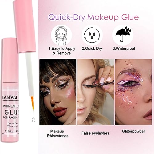 Canvalite Rhinestones for Face Colorful Face Gems Jewels AB & Clear Eye Hair Nail Gems with Quick Dry Makeup Glue, 1 Rhinestones Picker Wax Pen, 1 Tweezers for Nail Art Makeup - Image 5
