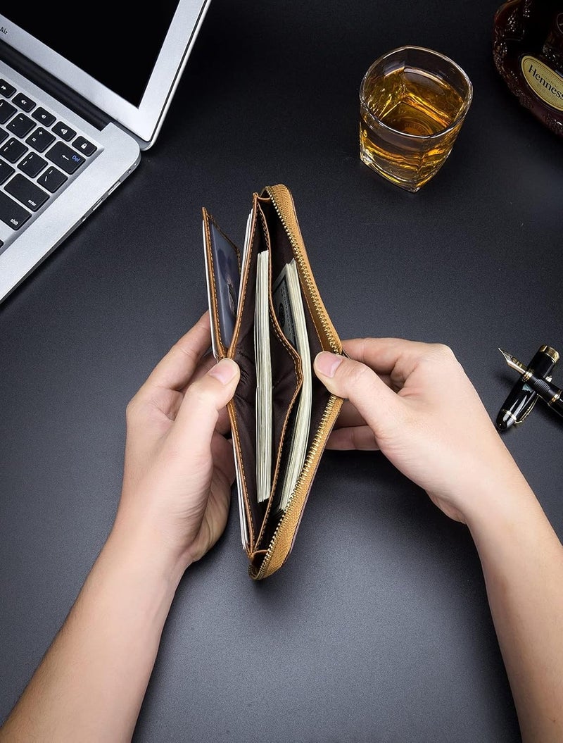 بول كابتن محفظة رجاليه من الجلد الطبيعي ماركة BULLCAPTAIN مع سحاب وحماية من مسح RFID، محفظة مزدوجة الطي آمنة بسحاب، حامل بطاقات ائتمان متعددة - Image 5