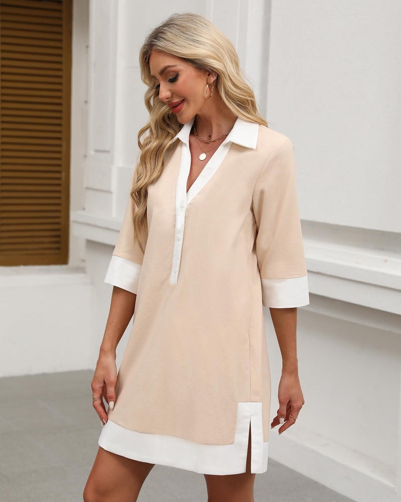 Kedera Womens Cotton Shirt Dress Summer Casual Short Sleeve Button Down Beach Cover Up Tank Shirts Khaki - Image 3